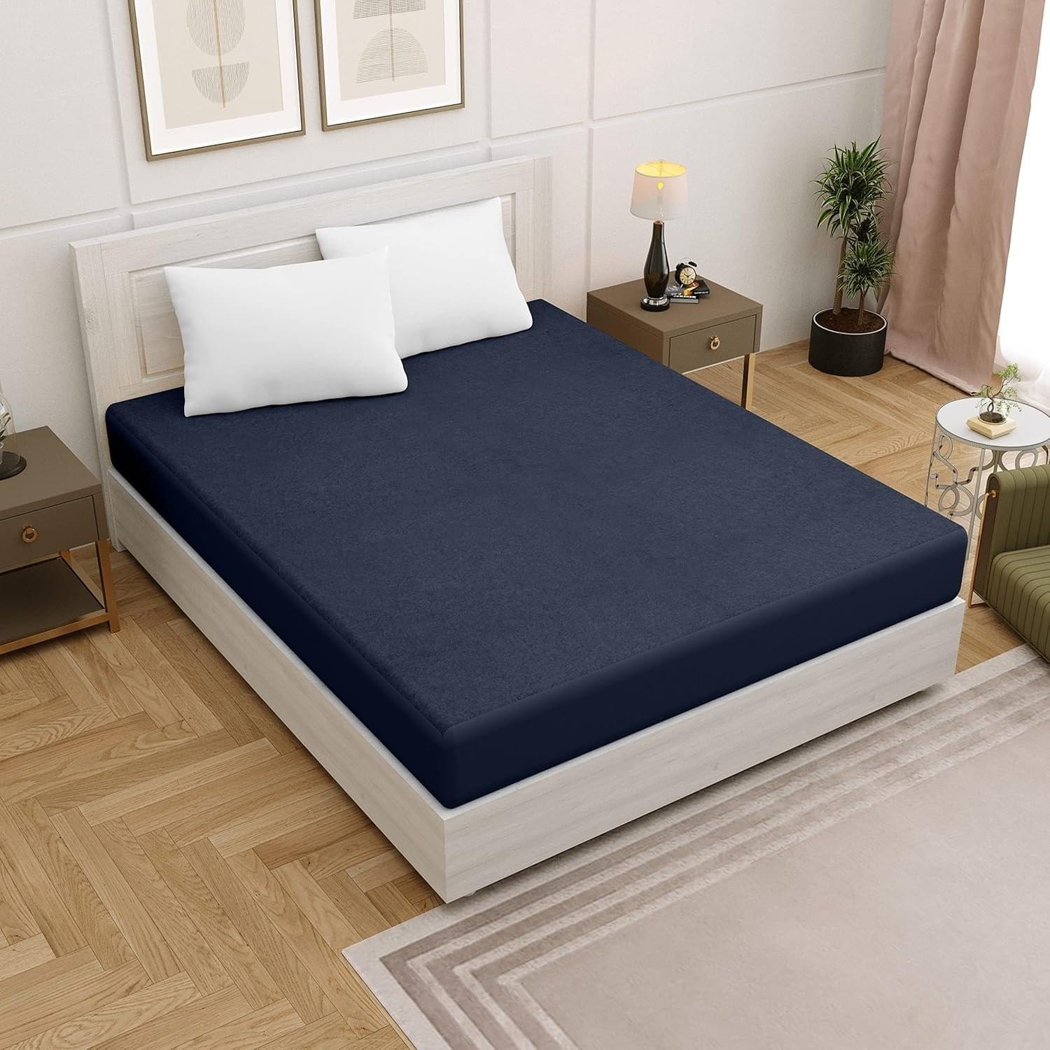 MOMSEASY 100% Waterproof Premium Cotton Mattress Protector | Breathable and Hypoallergenic Ultra Soft Fitted Bed Protector, Navy Blue